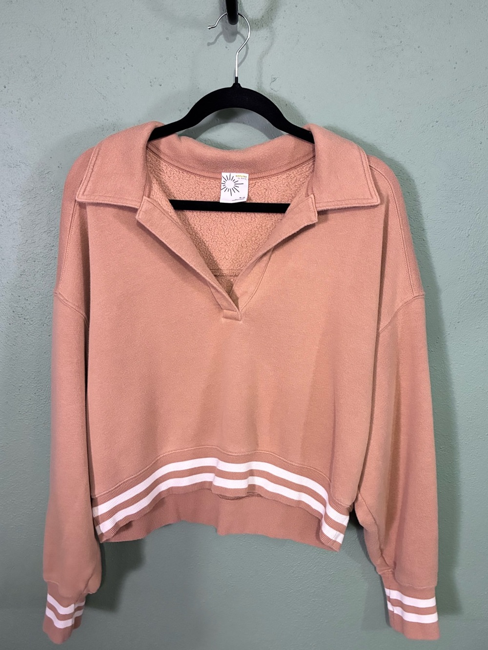 OFFLINE by Aerie Women’s Camel Oversized Collared Sweatshirt Varsity Stripe Pull